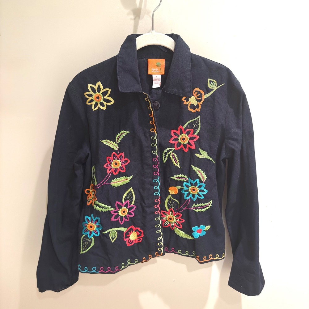 Hearts of‎ Palm Embroidered Floral Denim Jacket Women's Size S Dark Blue Cotton